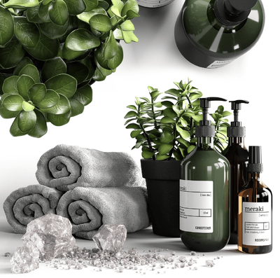 包含护肤品毛巾大颗盐粒和绿植的浴室装饰组合3D模型（OBJ,FBX,MAX）