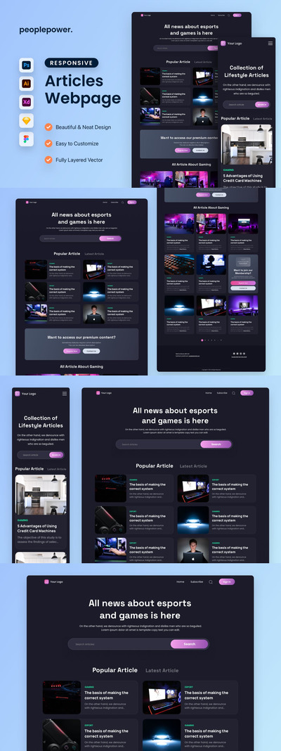 游戏和电子竞技文章和博客网页模版 (AI,FIG,SKETCH,XD)
