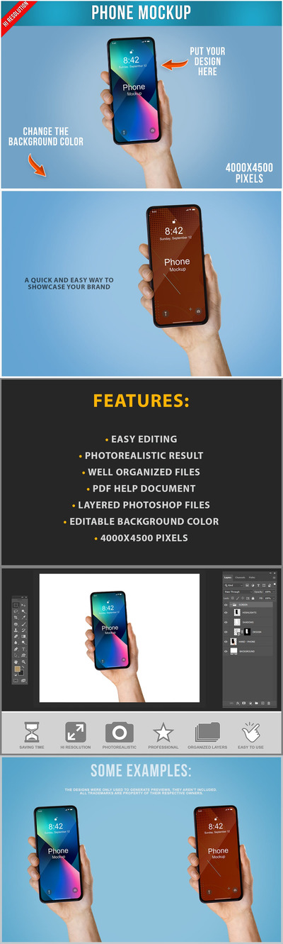 手拿手机屏幕展示样机模板 (PSD)