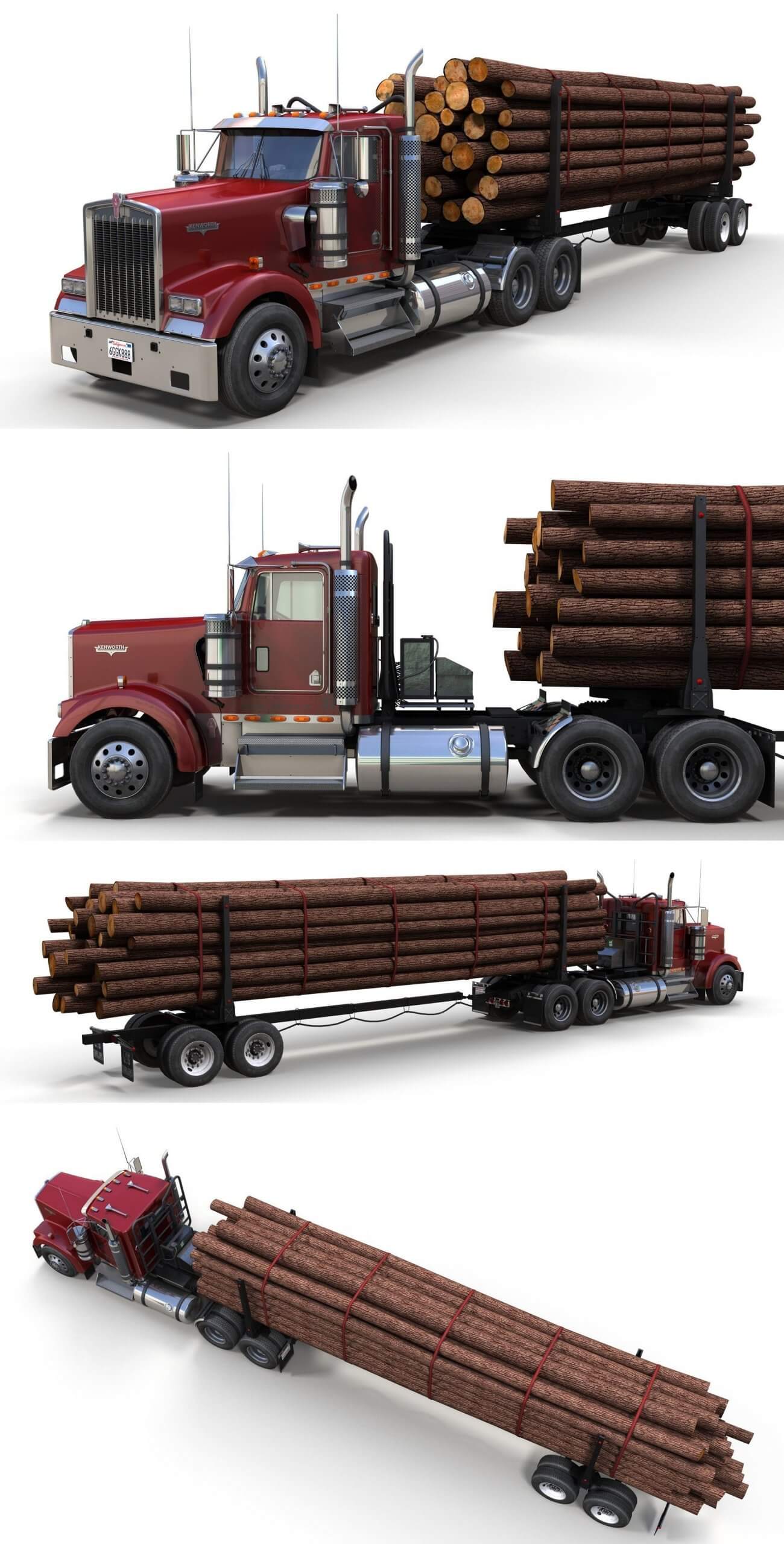 Kenworth肯沃斯原木运输卡车low poly 3D模型（OBJ,FBX,MAX,Blend）