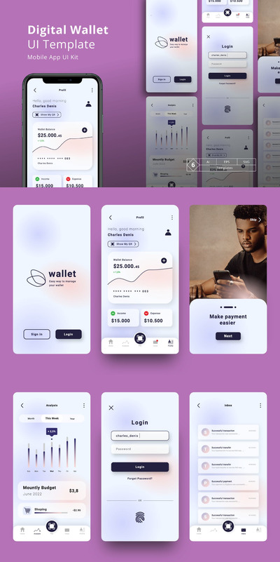 数字钱包用户界面模板 APP UI KIT (EPS,SVG,AI)