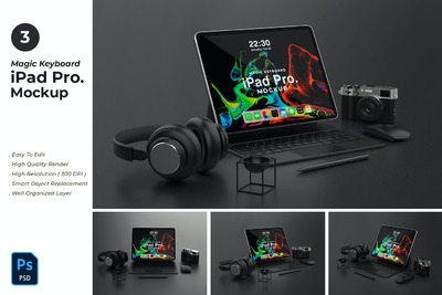 魔法键盘深色iPad Pro平板电脑样机模板 (PSD,JPG)