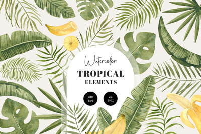 热带夏季水彩植物元素 (JPG,PSD)