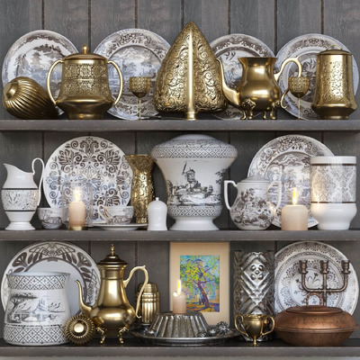 精致的盘碗和金色餐具厨具组合3D模型（OBJ,MAX）