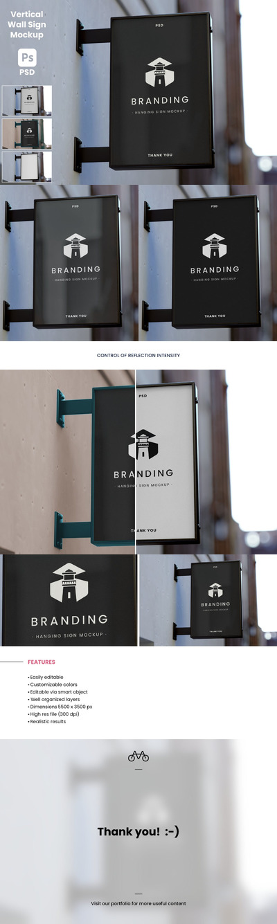 挂墙矩形广告招牌样机模板 (PSD,JPG)