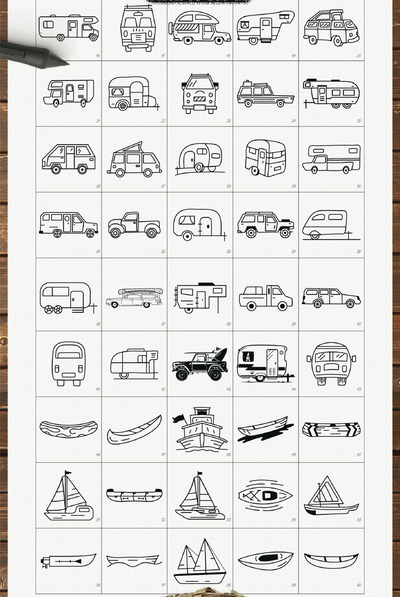 RV拖车图标设置线条艺术图形符号 (AI,EPS,JPG,PDF,PNG,PSD,SVG)