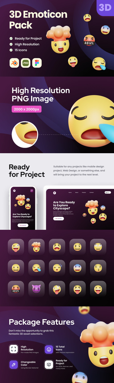 Blender表情3D图标合辑 (FIG,PNG,Blend)