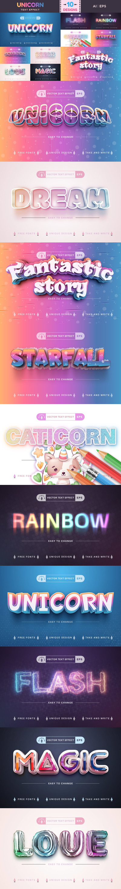 独角兽魔法可编辑矢量文本效果 (ai,eps)