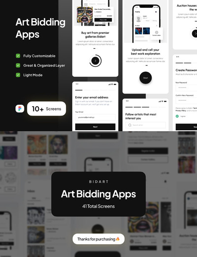 设计简洁、简约、现代的艺术投标手机  App UI Kit (FIG)