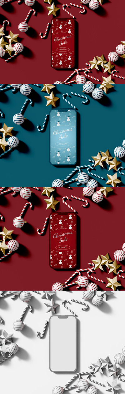 圣诞装饰元素场景iPhone手机样机模板 (PSD)