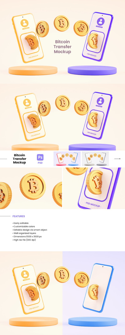 比特币P2P元素手机样机模板 (PSD,JPG)
