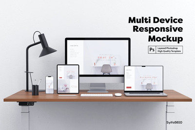 办公桌多设备响应式网站展示样机 (PSD,JPG)