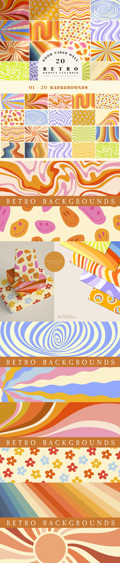 20款经典波西米亚70年代纹理 (EPS,JPG)