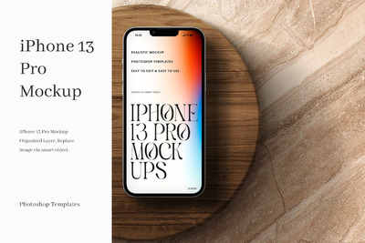 圆木Iphone 13 Pro手机样机模板 (PSD)
