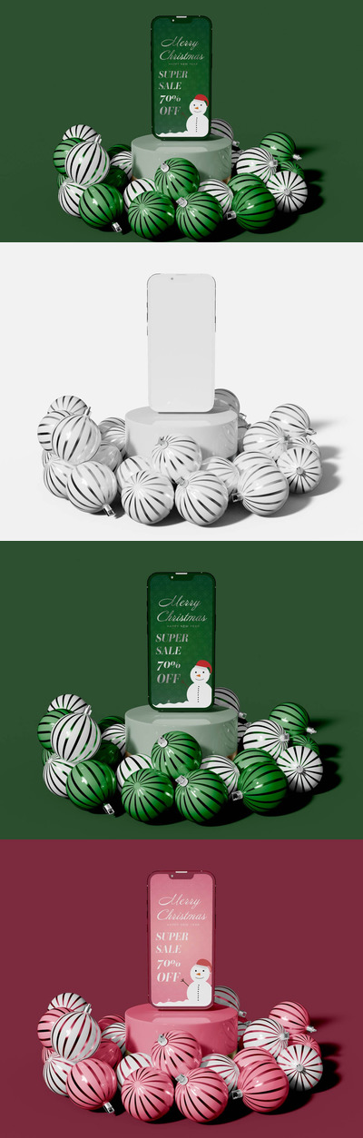 圣诞装饰球场景iPhone手机样机 (PSD)