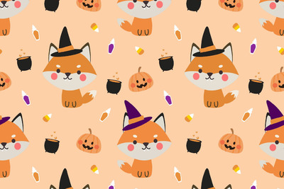 可爱的小狐狸万圣节无缝图案 (AI,EPS,JPG)