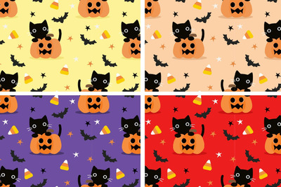 可爱的黑猫和万圣节南瓜无缝图案 (AI,EPS,JPG)