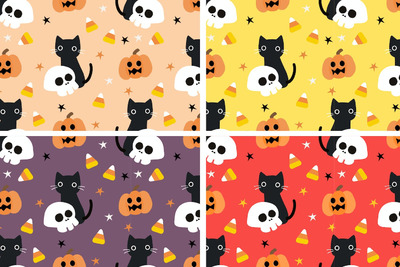 可爱的黑猫和万圣节南瓜无缝图案 (AI,EPS,JPG)