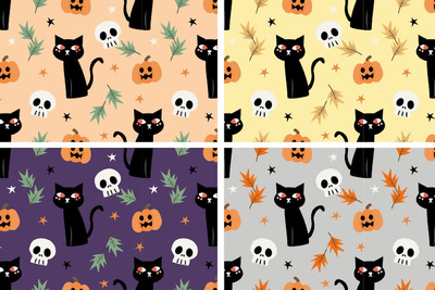 黑猫、万圣节南瓜和秋叶图案 (AI,EPS,JPG)