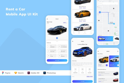 专业好用的高品质时尚高端清新租车移动应用程序APP UI KITS-FIG, PSD, SKETCH, XD