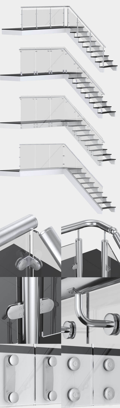 带4种不同扶手的楼梯玻璃栏杆3D模型（FBX,MAX）