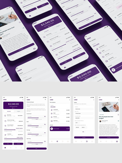 节省资金银行和金融紫色应用程序UI套件 App Ui Kit (AI,EPS,FIG,PSD,SKETCH,SVG,XD)