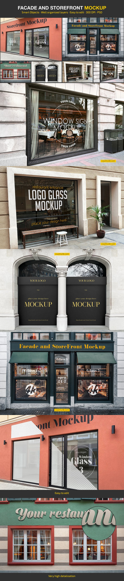 咖啡店玻璃窗立面&店面品牌徽标展示样机集 (PSD)