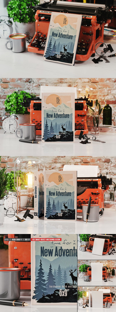 复古打字机样机精装书封面设计样机模板 (PSD)