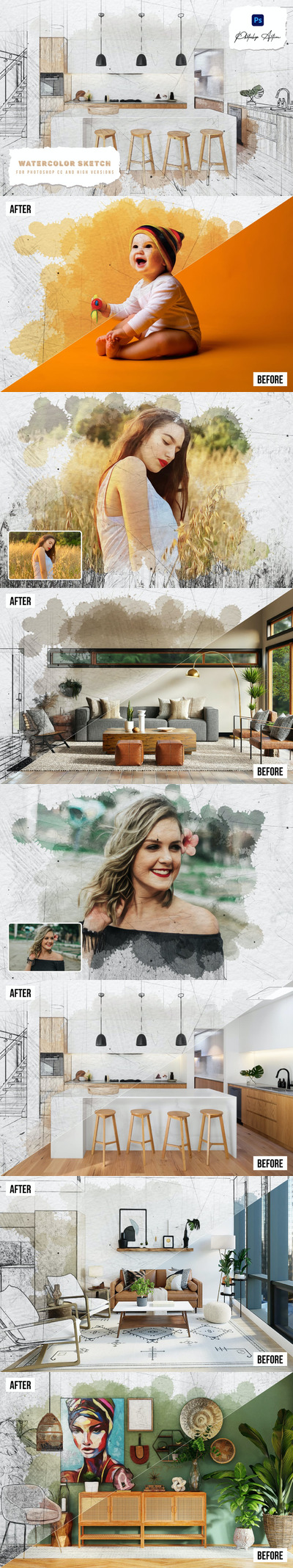 水彩素描风格Photoshop动作 (ABR,ATN,PAT)