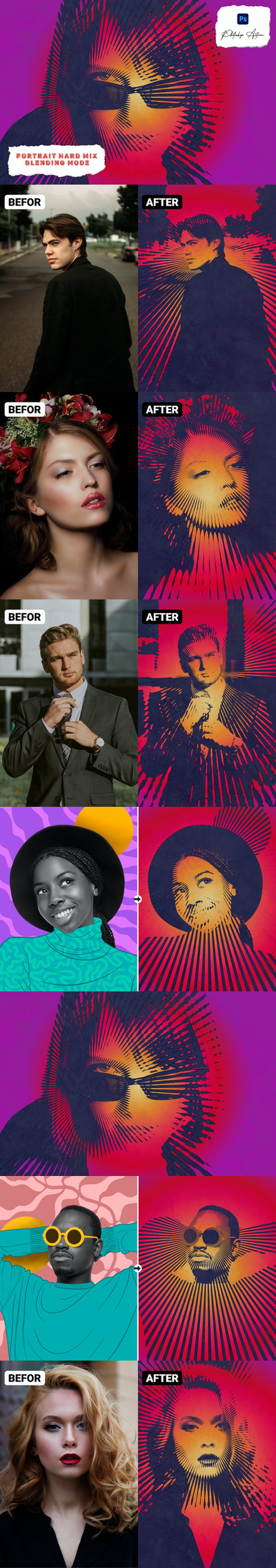 高品质的时尚高端抽象人物放射效果photoshop动作预设