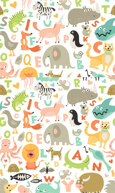 有趣可爱的手绘卡通动物角色和字母表无缝背景图案 (AI,EPS,JPG,PNG)