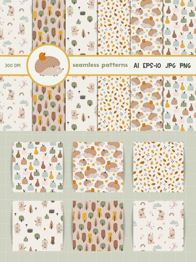 可爱的秋季元素无缝图案背景 (AI,EPS,JPG,PNG)