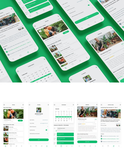 园艺与园艺学校绿色应  App UI Kit (AI,EPS,FIG,PSD,SKETCH,SVG,XD)