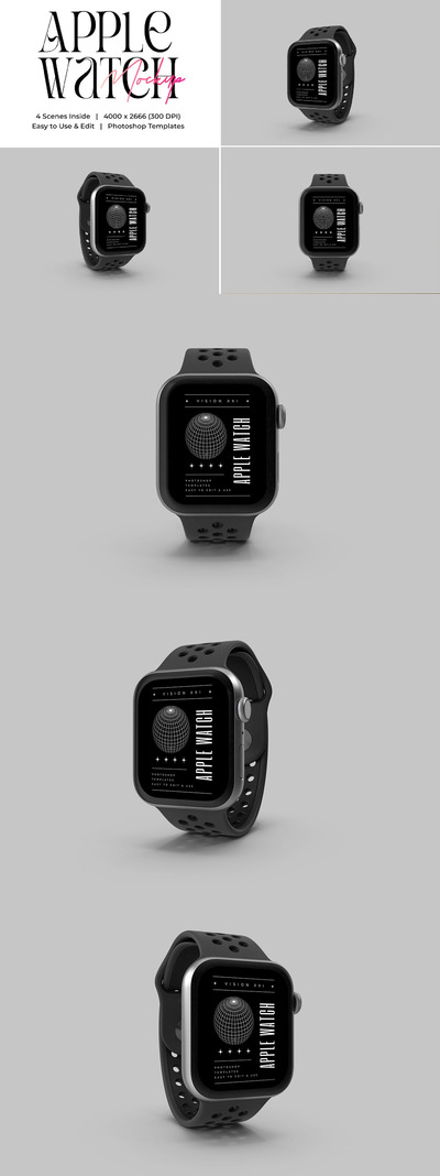 Apple Watch苹果手表屏幕展示样机模板 (PSD)
