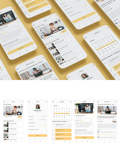 在线课程、学院和学校橙色应用程序 App UI Kit (AI,EPS,FIG,PSD,SKETCH,SVG,XD)