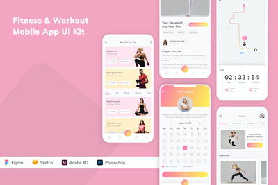 健身和锻炼App UI Kit (FIG,PSD,SKETCH,XD)