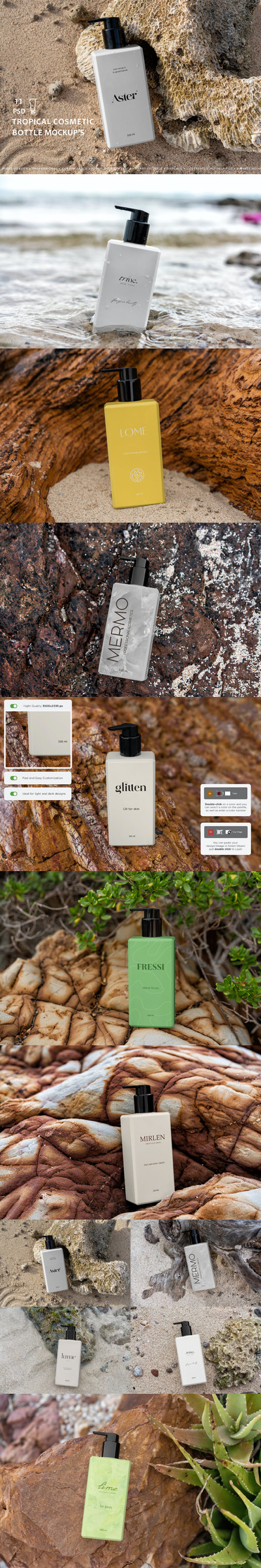海滩沙滩背景化妆品瓶样机 (PSD,1.27GB)