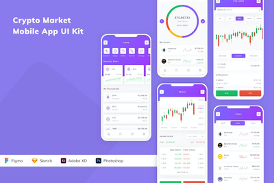 符合现代设计趋势的加密货币市场 App UI Kit (FIG,SKETCH,XD,PSD)