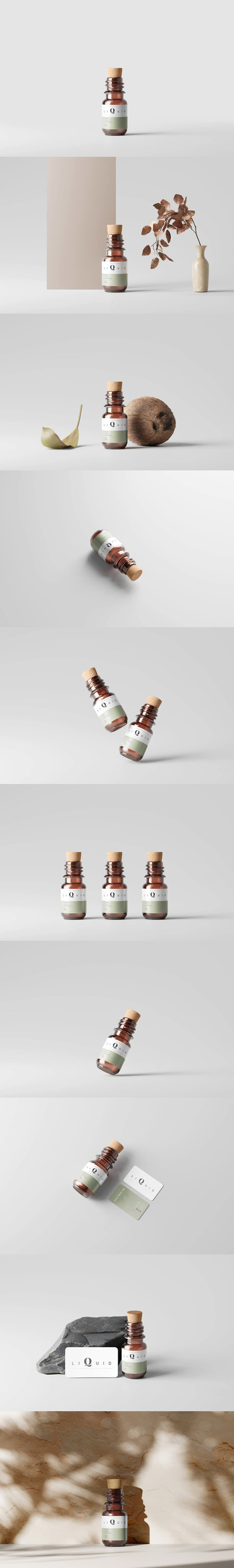 带软木塞的琥珀色玻璃瓶设计样机 (psd)