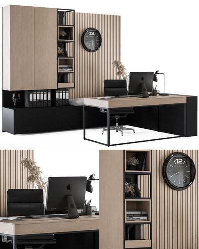 经理办公室柜子和桌椅及电脑等办公用具组合 经理工作场景3D模型（OBJ,MAX）