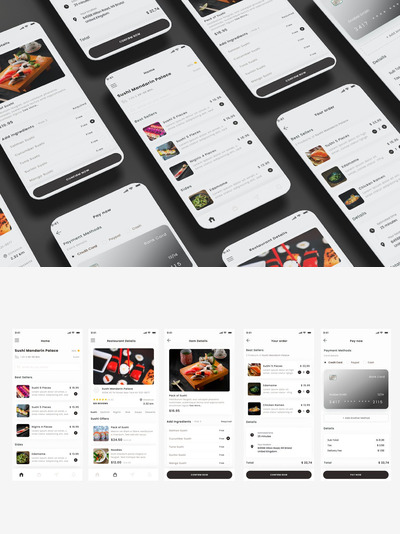 寿司餐厅，外卖黑色风格App UI Kit (AI,EPS,FIG,PSD,SKETCH,SVG,XD)