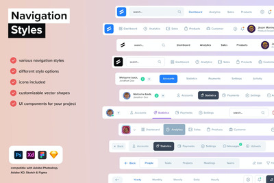 多个导航UI设计样式模板 (FIG,PSD,SKETCH,XD)