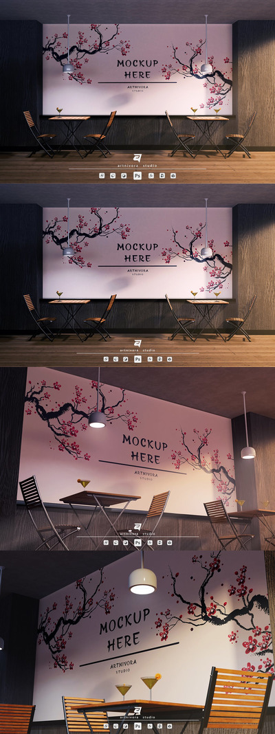咖啡厅房间墙壁作品展示样机模板 (PSD)