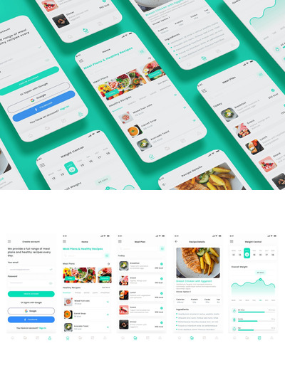 营养、健康食品、膳食和食谱 App UI Kit (AI,EPS,FIG,PSD,SKETCH,SVG,XD)