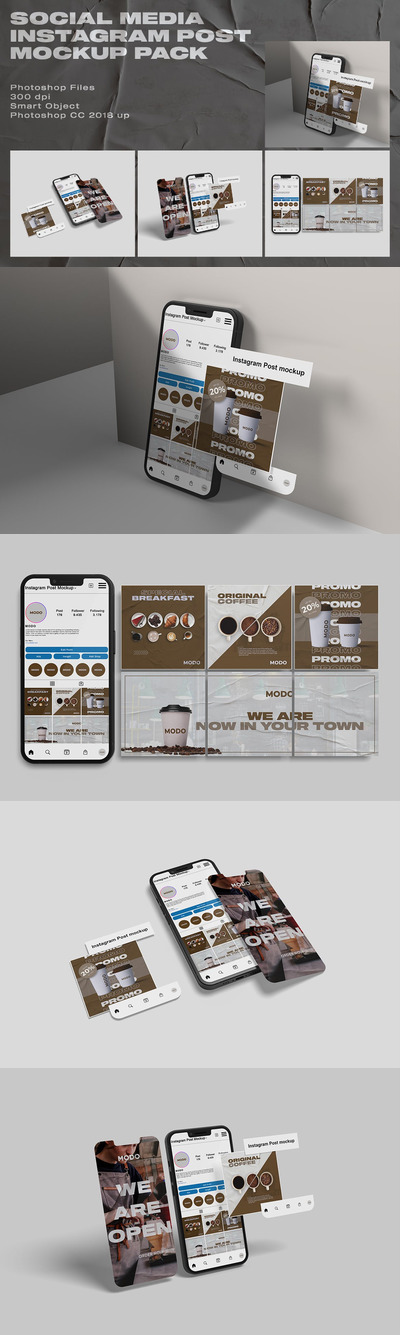 社交媒体 Instagram帖子手机屏幕样机素材包 (PSD)