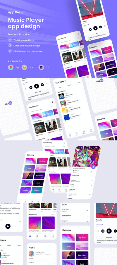 音乐播放器App UI Kit (FIG,SKETCH,XD)