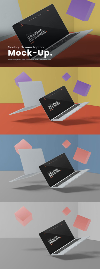 浮动笔记本电脑屏幕样机 (PSD)
