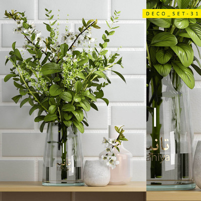 包含白色小花和绿叶枝条的混合花束3D模型（OBJ,MAX）