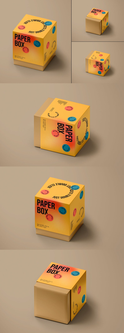 正方形纸盒包装设计样机套装 (PSD)