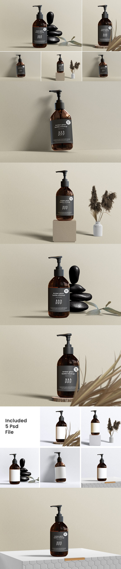 琥珀色玻璃肥皂按压瓶包装设计样机 (PSD,PDF)